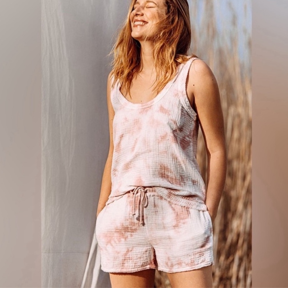 Faherty Ventura Tie Dye Topanga Tank Shorts Set Womens Small White Pink Cotton